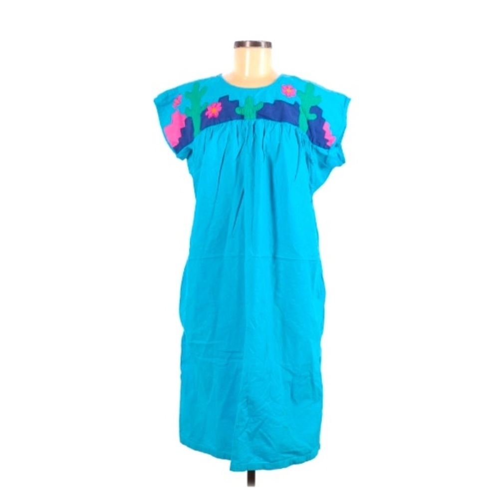 Cactus Flower Teal Summer Dress Medium Pink Green